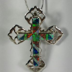 STERLING SILVER FIRE OPAL CROSS NECKLACE